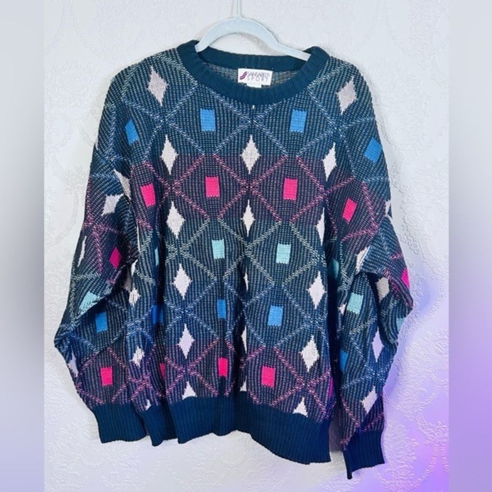 Vintage Patterned Sweater - Sansabelt Sport L 100% cotton USA